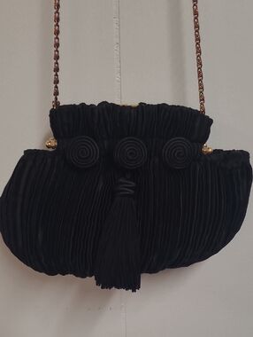 Carlo Fellini Black Pleated Evening Bag with Tassel and Long Shoulder Chain